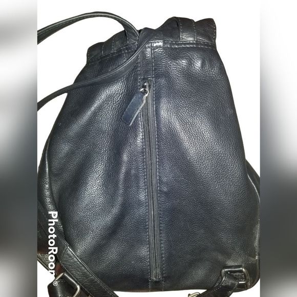 Kenneth Cole Black Leather Backpack Drawstring Bag - Picture 4 of 7
